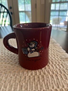 Life Is Good Maroon Snowman Ceramic Mug